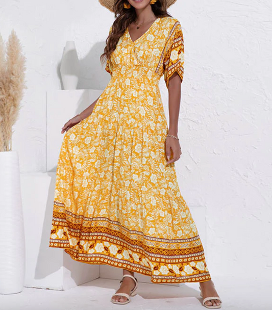 Maxi-zomerjurk - Boho-zomerjurk met korte mouwen en bloemenprint voor dames-Hallo Susanne