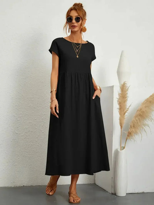 Midi Dress - Loose Fit - Short Sleeve - Long Dress - Summer Dress-Hallo Susanne