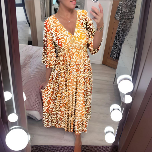 Midi-jurk - Gerimpelde Taille - V-hals - Boho jurk - Casual Jurk-Hallo Susanne