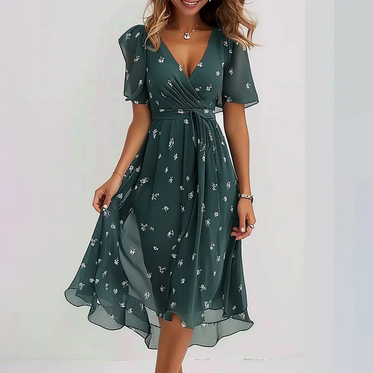 Midi-jurk - Groen - Korte Mouwen - Jurk met V-hals - Elegante Jurk-Hallo Susanne