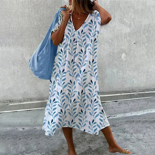 Midi-jurk - Vrouwen Loose Fit A-lijn V-hals Zomerjurk-Hallo Susanne
