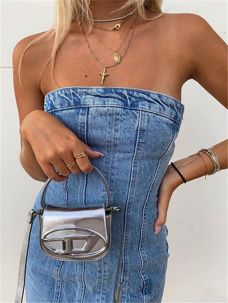Mini Denim Jurk - Damespijp Bodycon Denim Strapless Jurk-Hallo Susanne