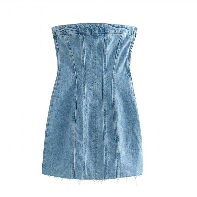 Mini Denim Jurk - Damespijp Bodycon Denim Strapless Jurk-Hallo Susanne