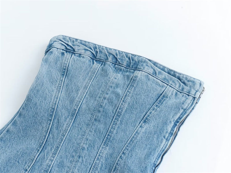 Mini Denim Jurk - Damespijp Bodycon Denim Strapless Jurk-Hallo Susanne
