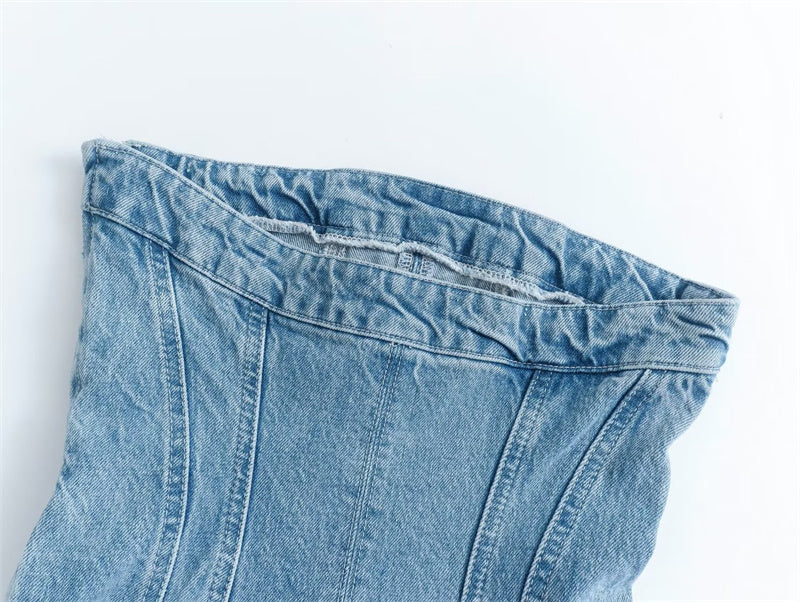Mini Denim Jurk - Damespijp Bodycon Denim Strapless Jurk-Hallo Susanne