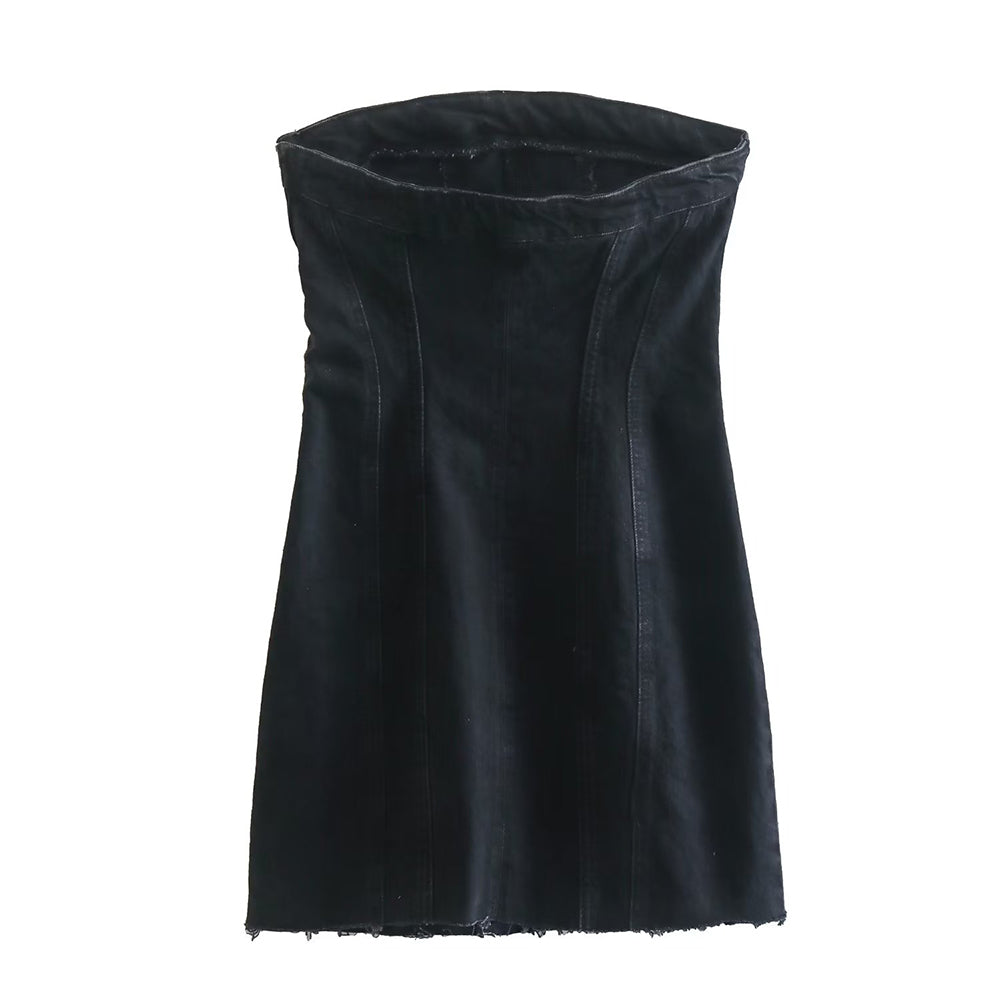 Mini Denim Jurk - Damespijp Bodycon Denim Strapless Jurk-Hallo Susanne