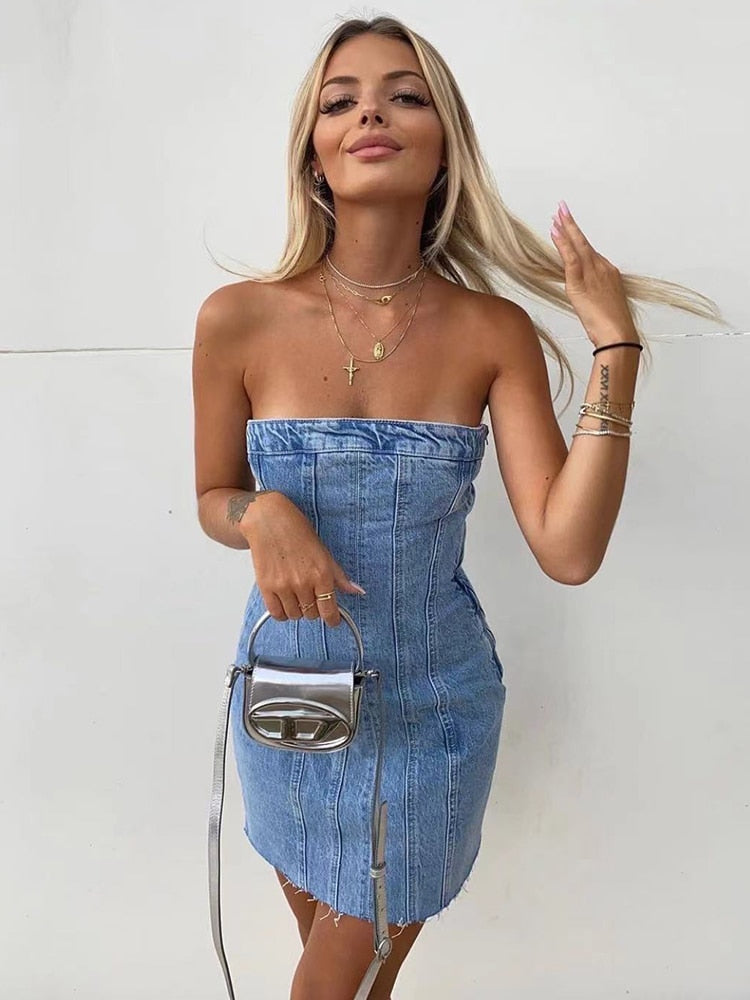 Mini Denim Jurk - Damespijp Bodycon Denim Strapless Jurk-Hallo Susanne