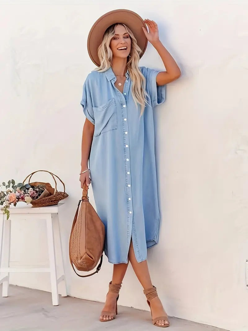 Overhemdjurk - Denim - Los model - Button-Up Jurk - Midi Jurk-Hallo Susanne