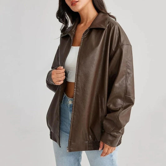 Oversized Leren Jas - Zwart - Bruin - Leren Jas - Vrouwen Leren Jas-Hallo Susanne