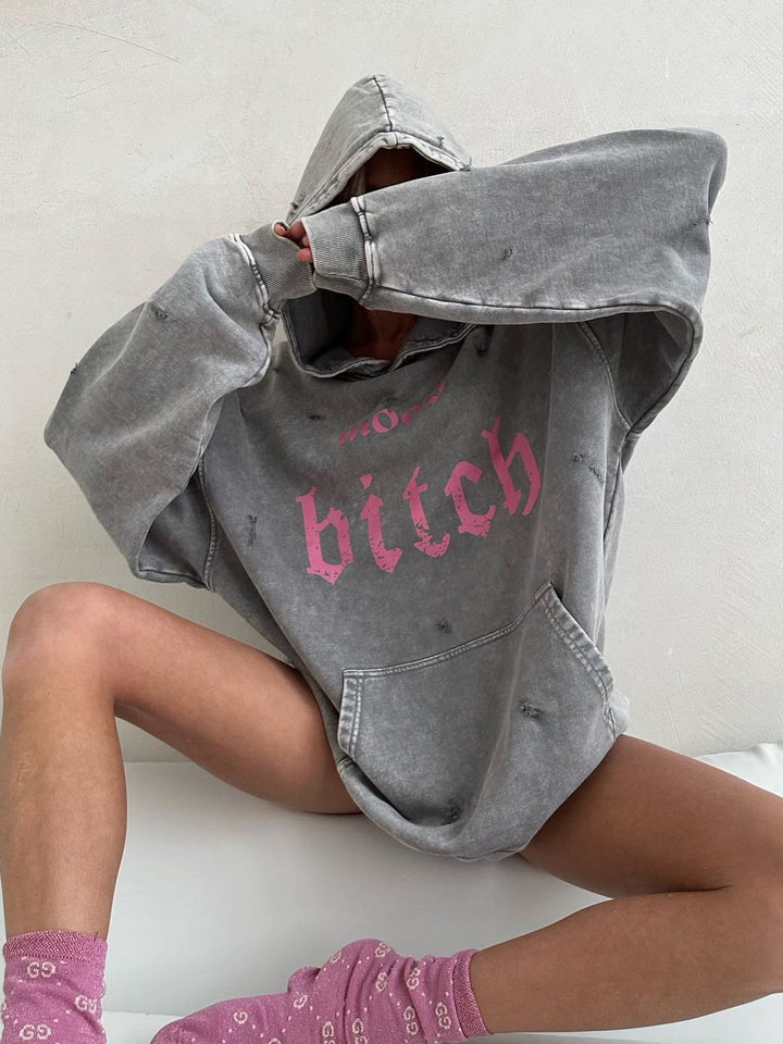 Oversized hoodie - gewassen - gescheurd - pullover hoodie - hoodie voor dames-Hallo Susanne