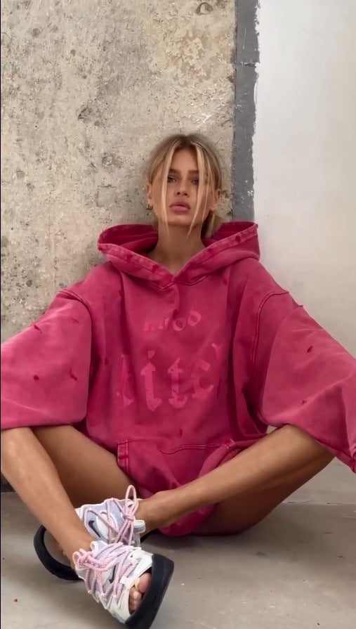 Oversized hoodie - gewassen - gescheurd - pullover hoodie - hoodie voor dames-Hallo Susanne