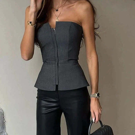 Peplum Top - Elegant - Gestructureerd - Strapless Top - Dames Top met Ritssluiting-Hallo Susanne
