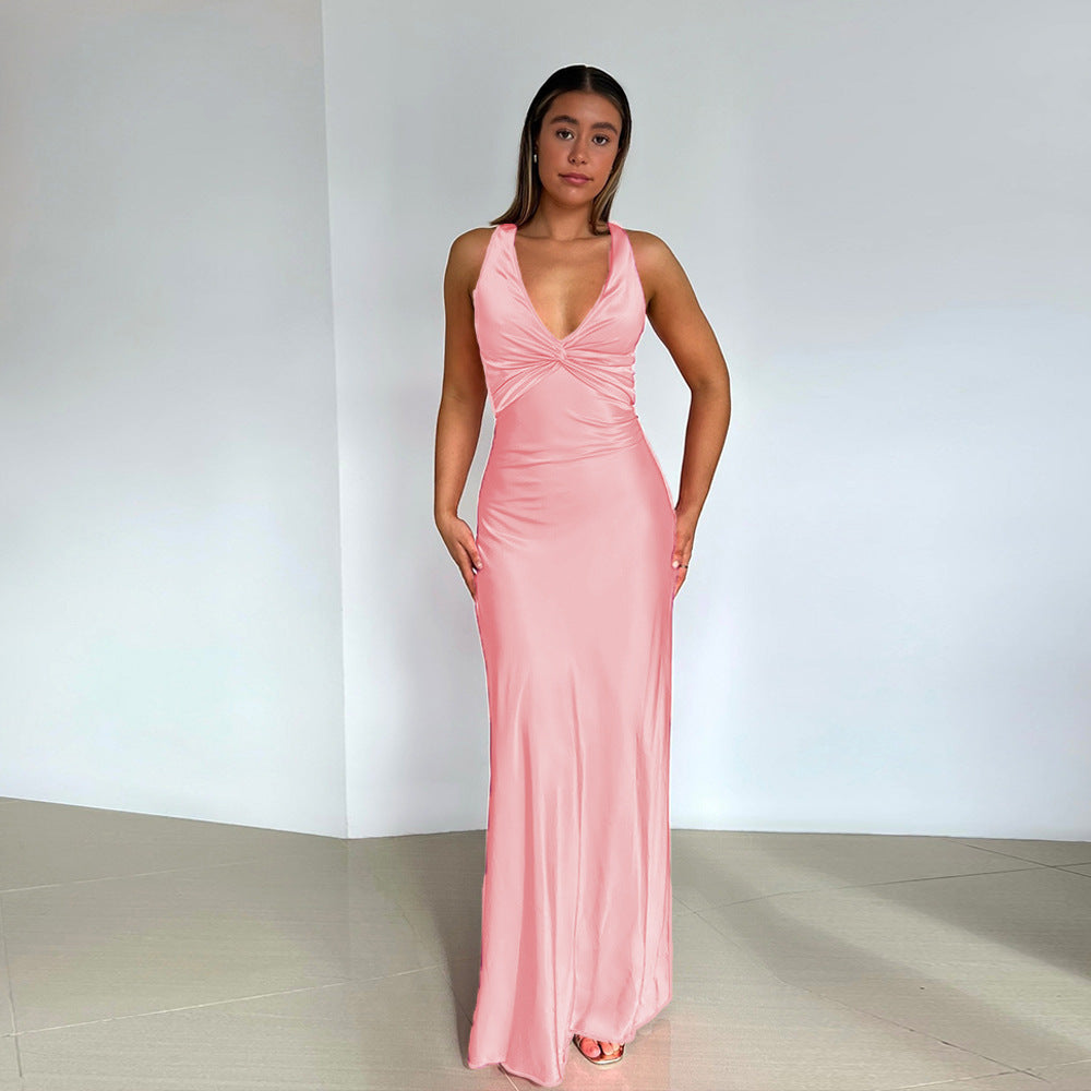 Satijnen Maxi Jurk - Elegante Vrouwenjurk met V-Hals en Rugloze Party Dress-Hallo Susanne