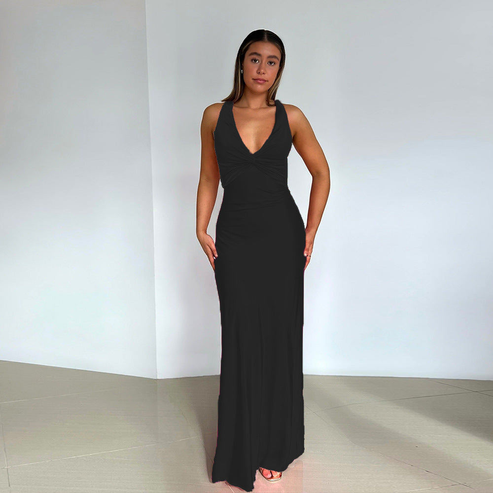 Satijnen Maxi Jurk - Elegante Vrouwenjurk met V-Hals en Rugloze Party Dress-Hallo Susanne