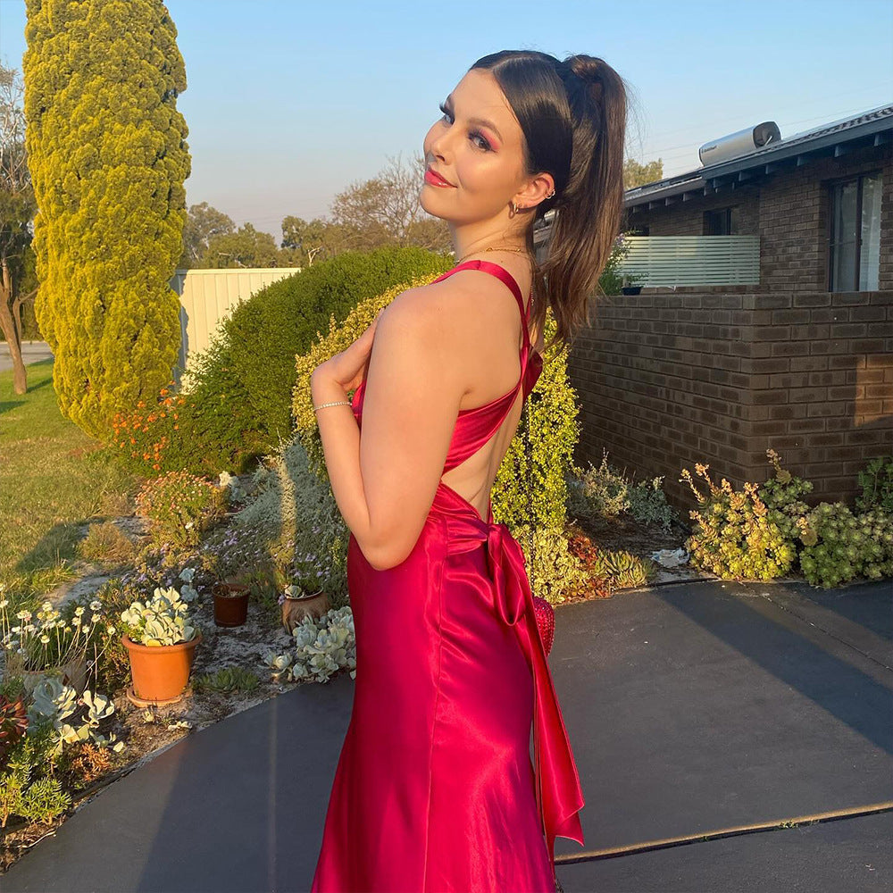 Satijnen Maxi Jurk - Elegante Vrouwenjurk met V-Hals en Rugloze Party Dress-Hallo Susanne