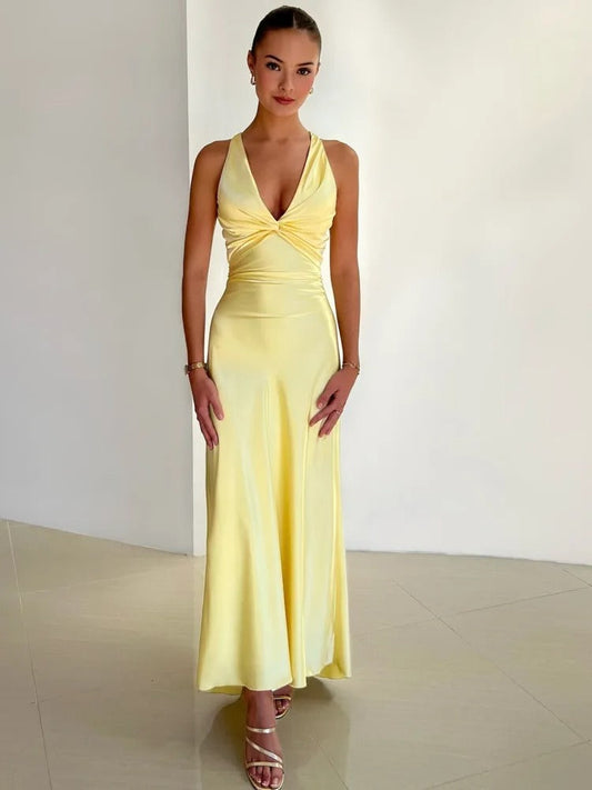 Satijnen Maxi Jurk - Elegante Vrouwenjurk met V-Hals en Rugloze Party Dress-Hallo Susanne