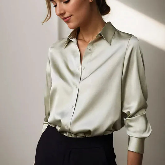 Satijnen blouse - Elegant - Lange mouwen - Knoopsluiting - Satijnen overhemden voor dames-Hallo Susanne