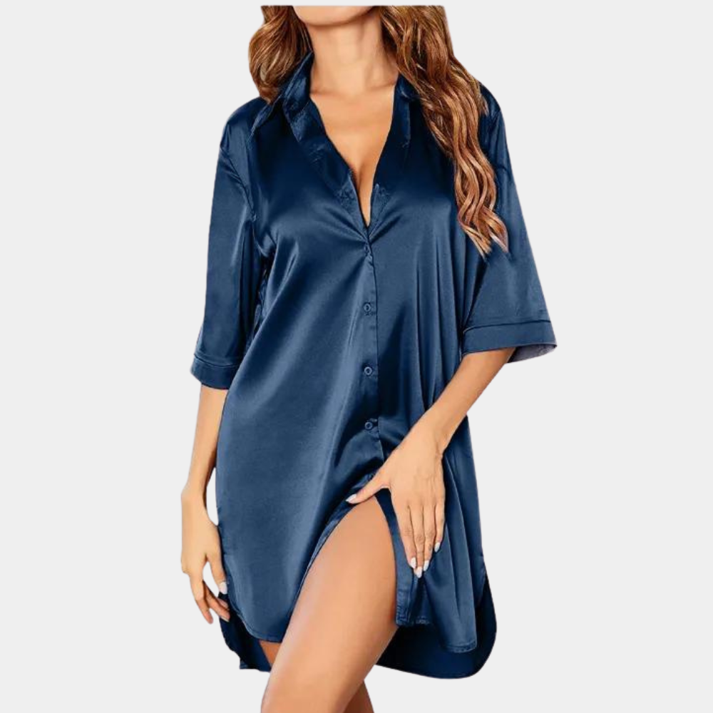 Satijnen nachtjapon - Button-Up - Korte mouwen - Satijnen nachtjapon - Damesslaapmode-Hallo Susanne