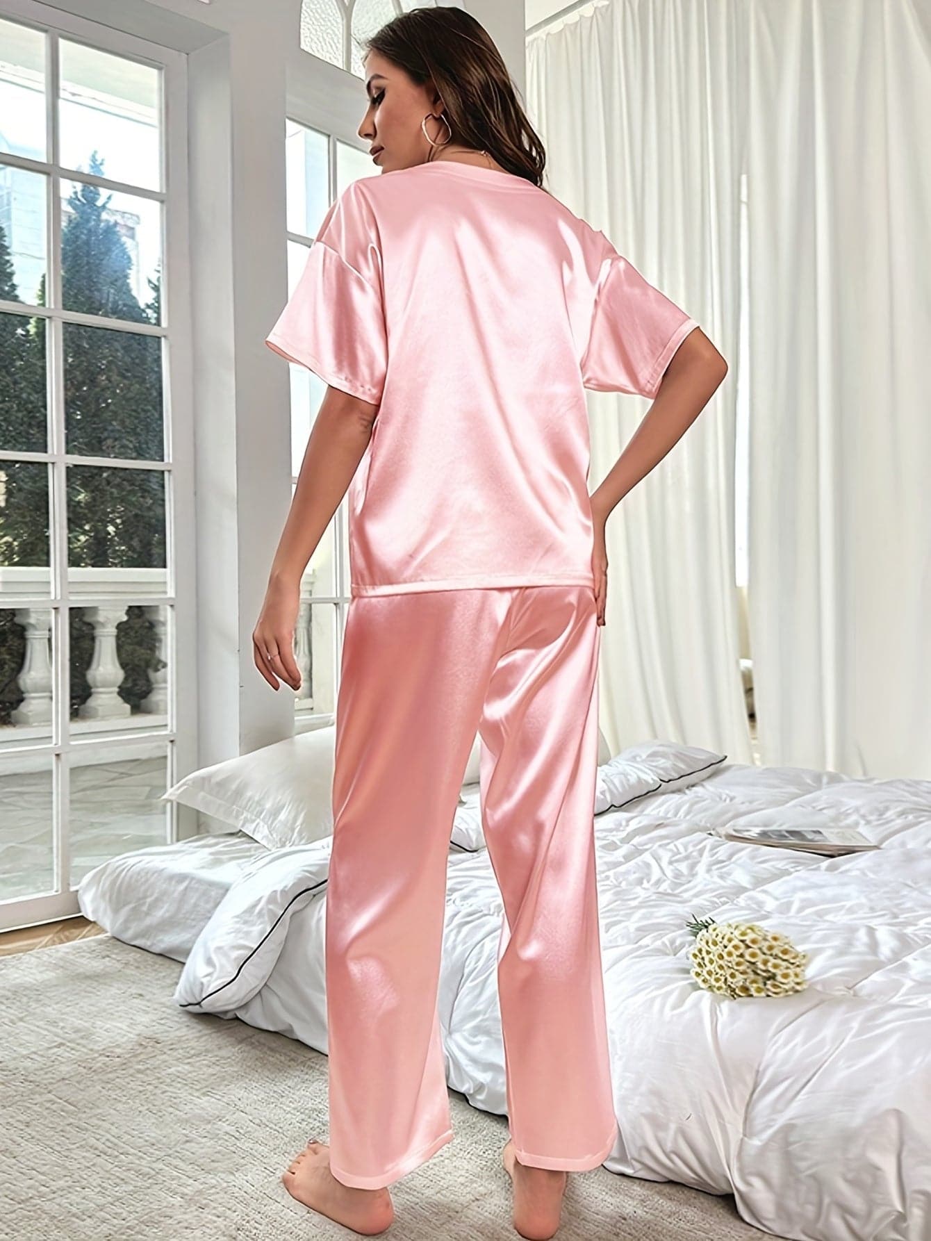 Satijnen pyjama | Korte mouwen | Elastische taille | Satijnen pyjamaset | Pyjamasets voor dames-Hallo Susanne