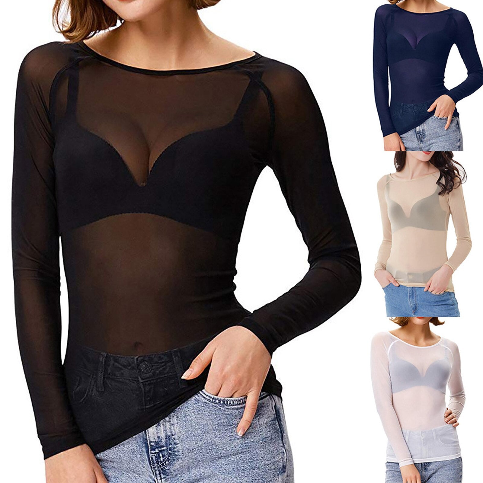 Sheer Top met lange mouwen - Zwart - Wit - Mesh Top met lange mouwen - Dameskleding-Hallo Susanne