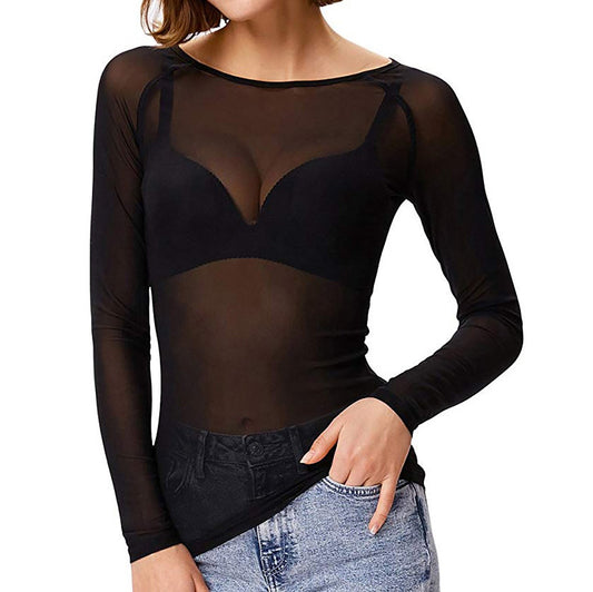 Sheer Top met lange mouwen - Zwart - Wit - Mesh Top met lange mouwen - Dameskleding-Hallo Susanne