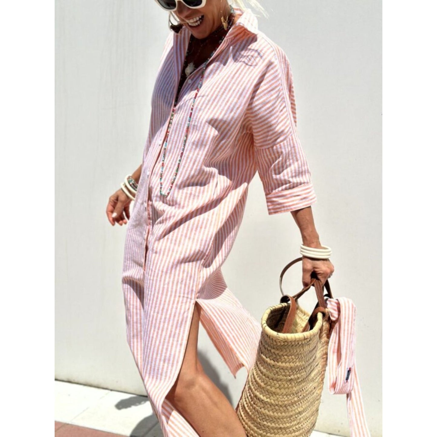 Shirtjurk | Knoopsluiting | Gestreepte | Maxi-jurk met lange mouwen | Maxi-jurk-Hallo Susanne