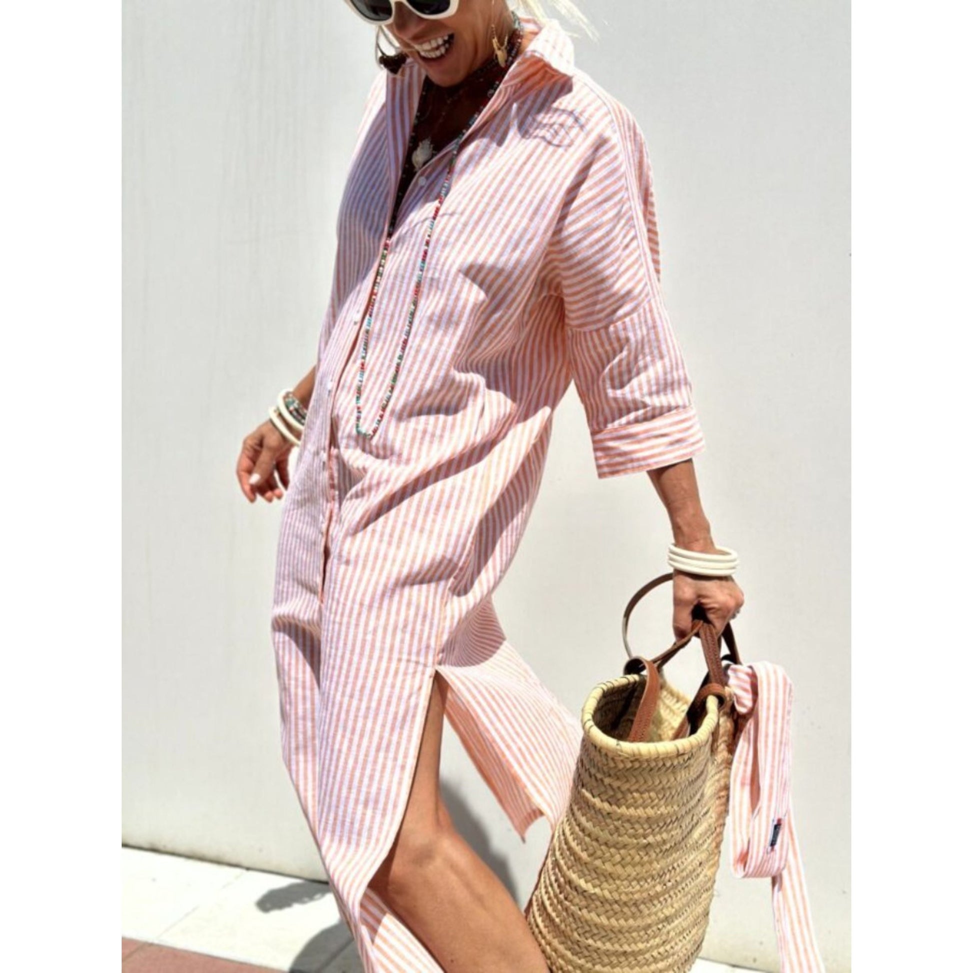 Shirtjurk | Knoopsluiting | Gestreepte | Maxi-jurk met lange mouwen | Maxi-jurk-Hallo Susanne