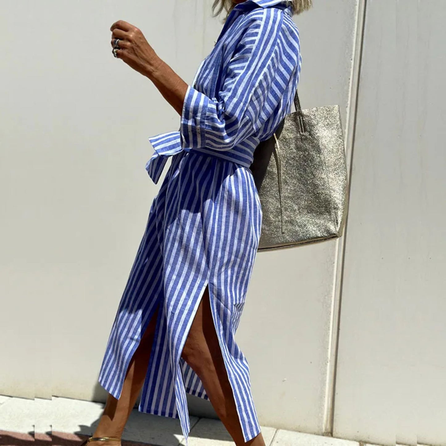 Shirtjurk | Knoopsluiting | Gestreepte | Maxi-jurk met lange mouwen | Maxi-jurk-Hallo Susanne