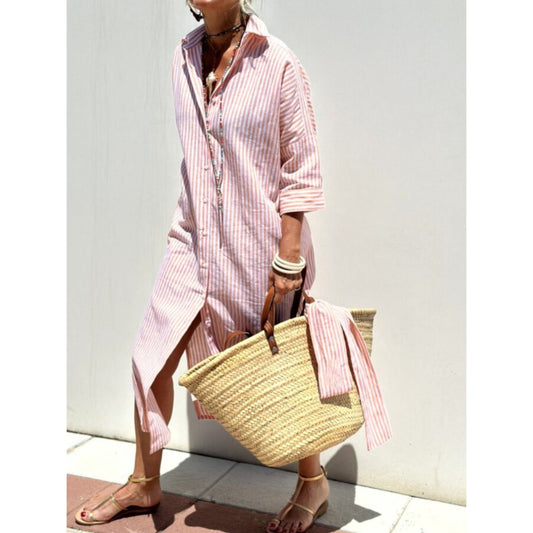 Shirtjurk | Knoopsluiting | Gestreepte | Maxi-jurk met lange mouwen | Maxi-jurk-Hallo Susanne