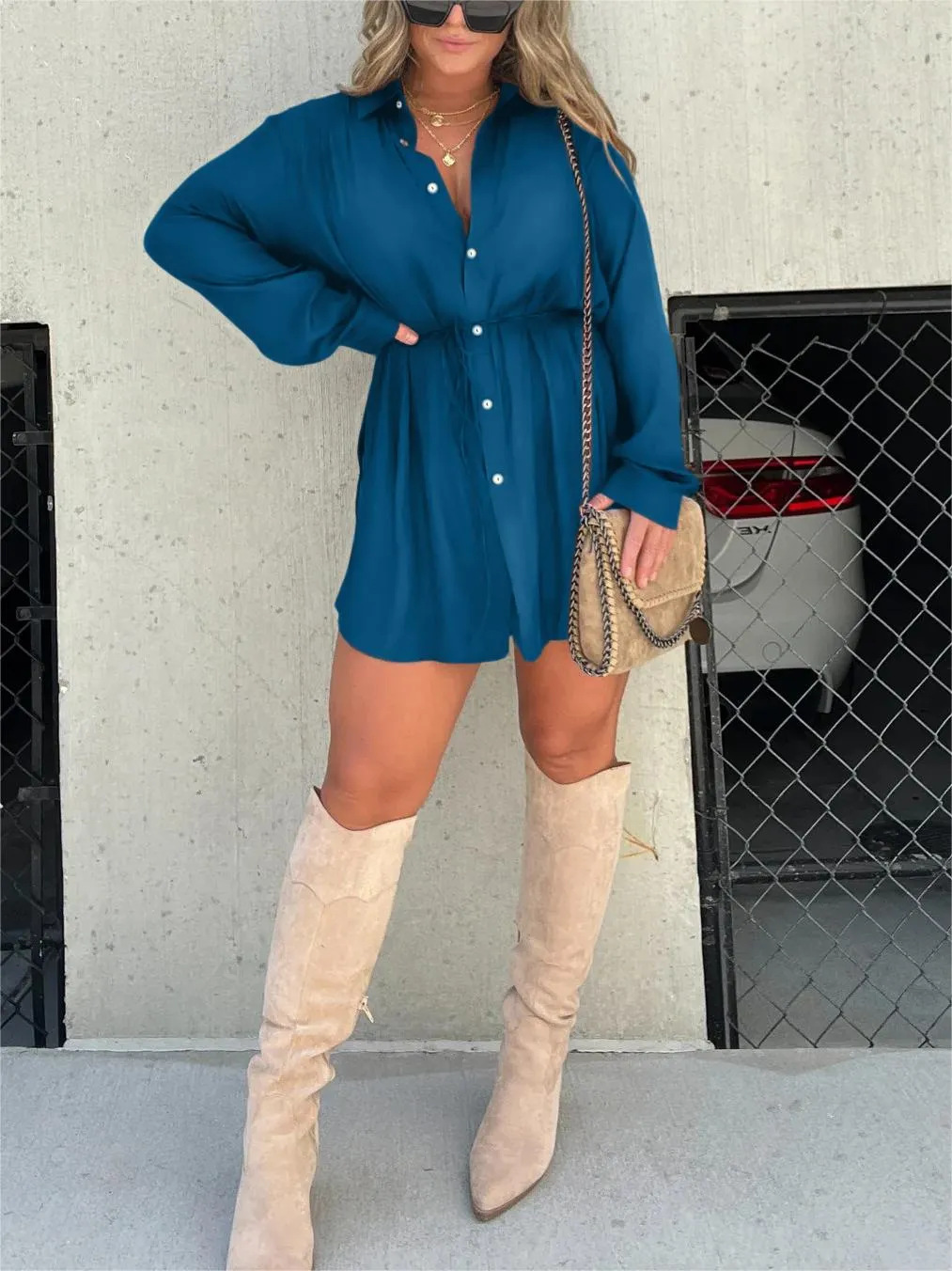 Shirtjurk | Mini | Knoopsluiting | Jurk met lange mouwen | Satijnen jurk-Hallo Susanne