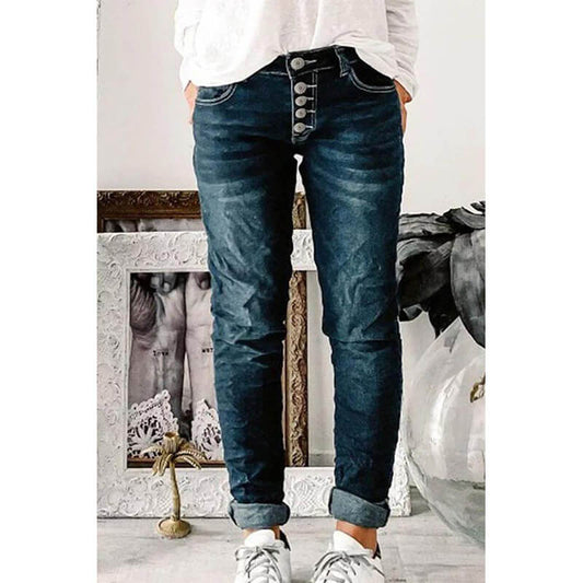 Skinny Jeans | Donkerblauw | Knoop | Lage Jeans | Dames Jeans-Hallo Susanne