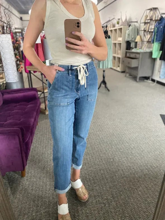 Stretchjeans - Damesbroek met elastische tailleband en trekkoord-Hallo Susanne