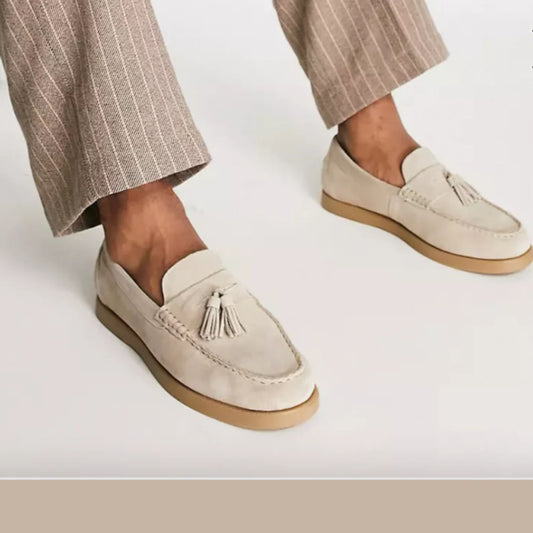 Suède Loafers - Slipvaste Beige Tassel Loafer Schoenen voor heren-Hallo Susanne