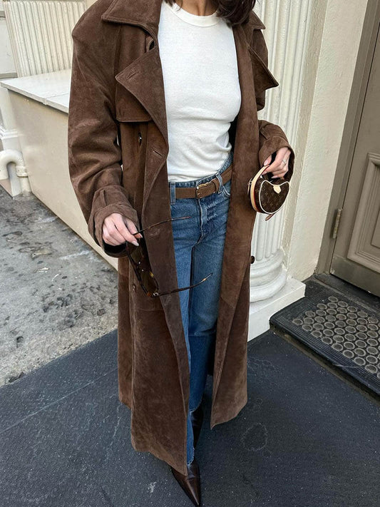 Suède Trench Coat - Bruin - Double Breasted - Lange Trench Coat - Damesjassen-Hallo Susanne