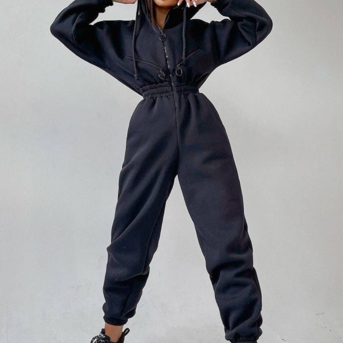 Sweatsuit | Met capuchon | Gerimpelde taille | Casual jumpsuit | Jumpsuit voor dames-Hallo Susanne