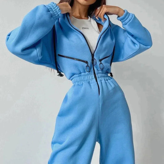 Sweatsuit | Met capuchon | Gerimpelde taille | Casual jumpsuit | Jumpsuit voor dames-Hallo Susanne