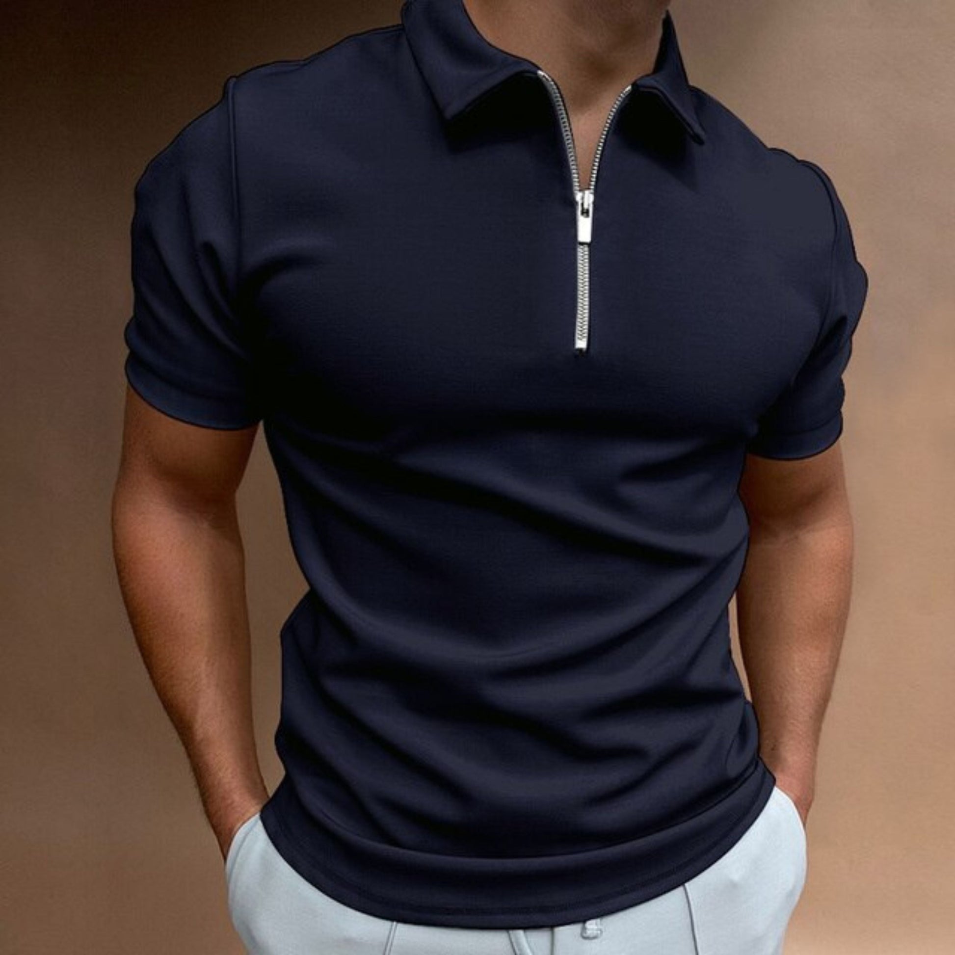 T-shirt met kraag | Kwartronde ritssluiting | Korte mouwen | Poloshirt met rits | Herenpoloshirts-Hallo Susanne
