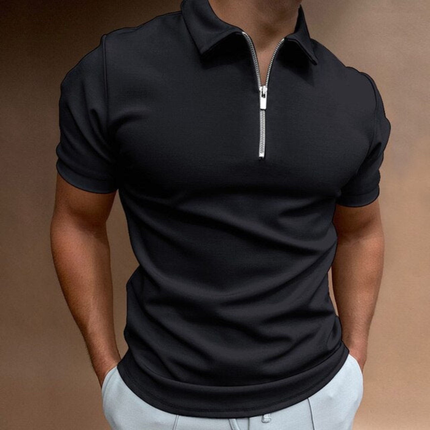 T-shirt met kraag | Kwartronde ritssluiting | Korte mouwen | Poloshirt met rits | Herenpoloshirts-Hallo Susanne
