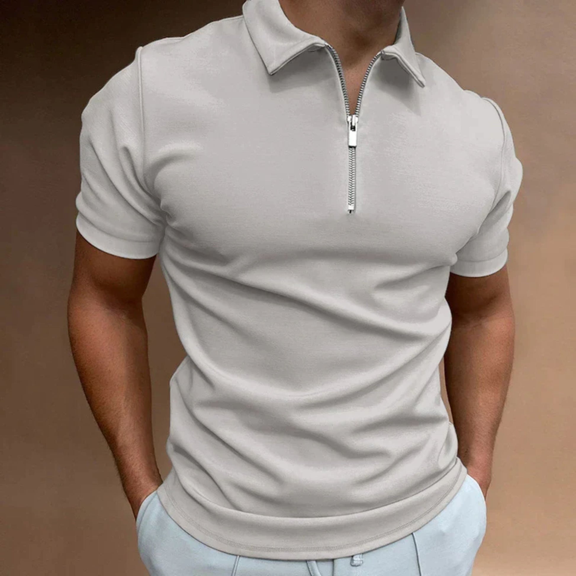 T-shirt met kraag | Kwartronde ritssluiting | Korte mouwen | Poloshirt met rits | Herenpoloshirts-Hallo Susanne