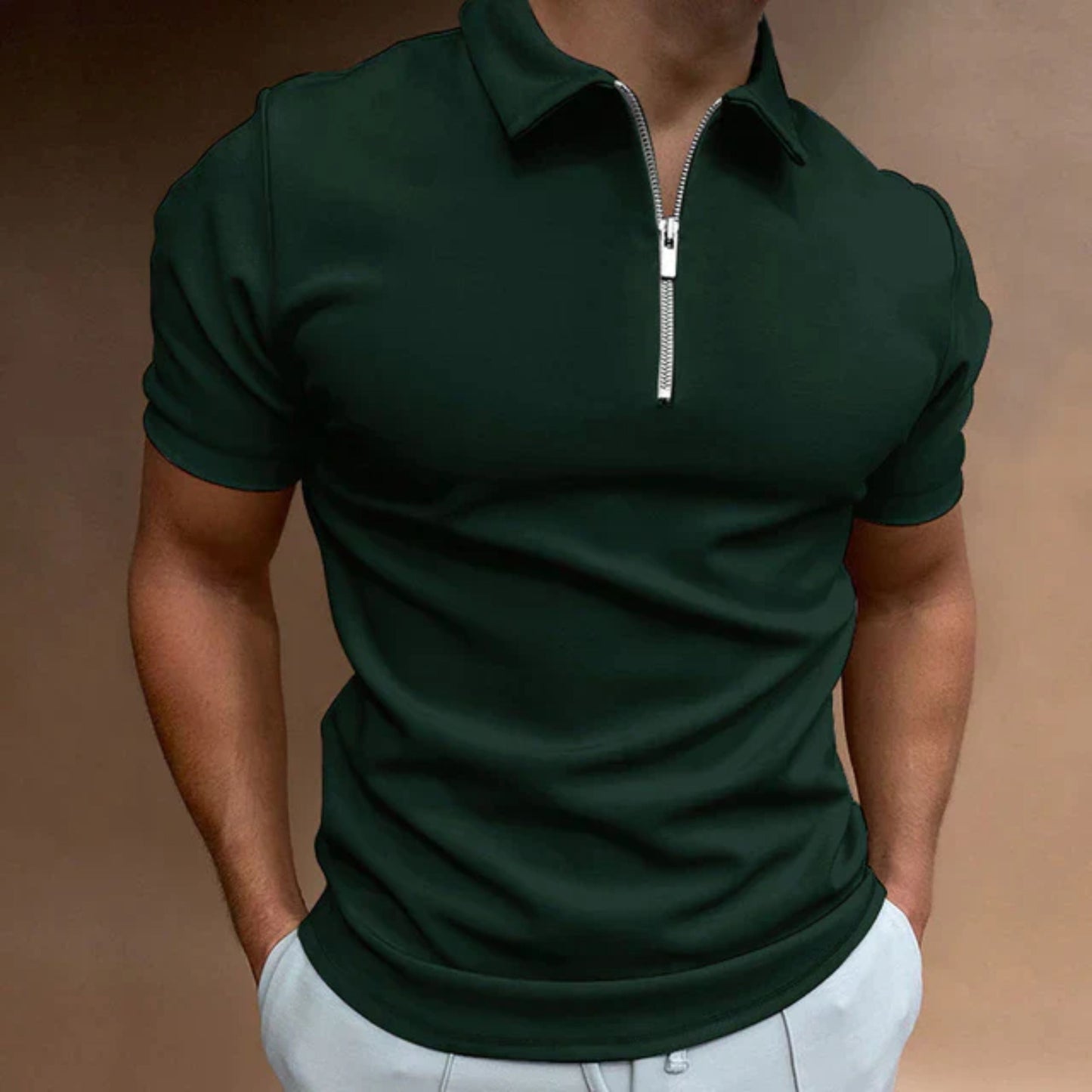 T-shirt met kraag | Kwartronde ritssluiting | Korte mouwen | Poloshirt met rits | Herenpoloshirts-Hallo Susanne