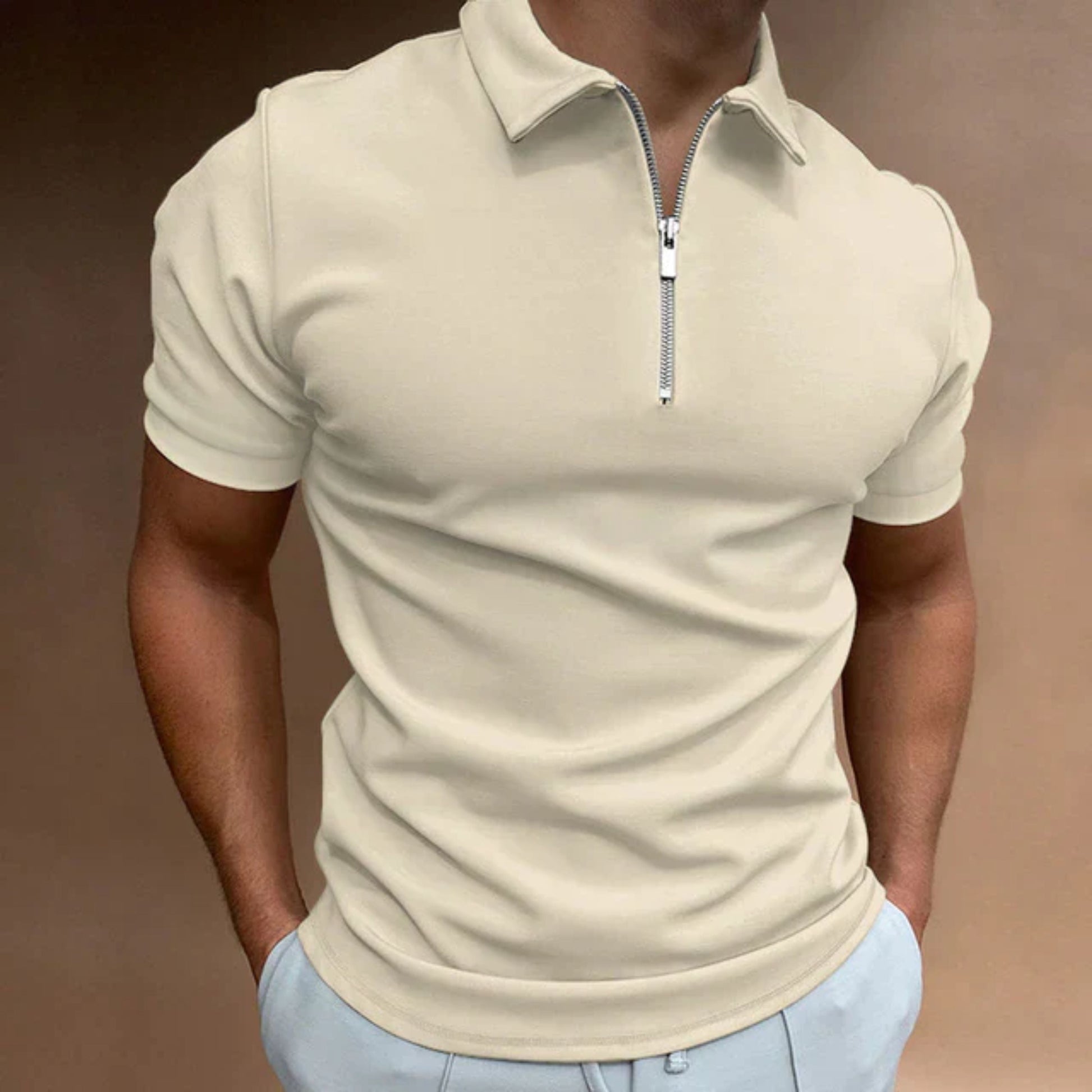T-shirt met kraag | Kwartronde ritssluiting | Korte mouwen | Poloshirt met rits | Herenpoloshirts-Hallo Susanne
