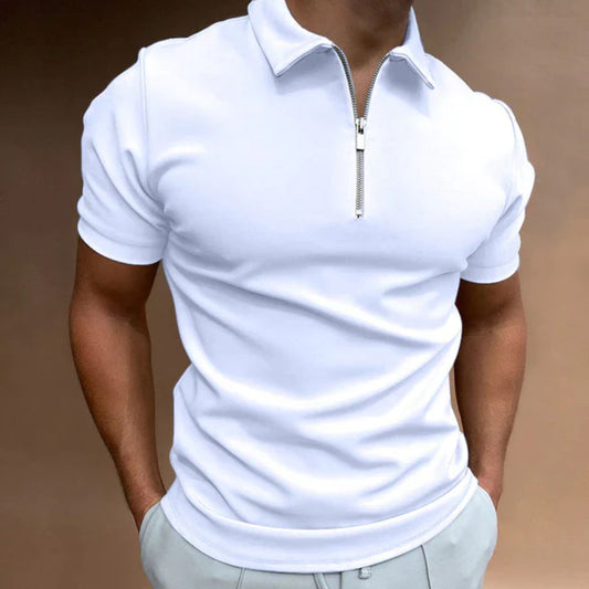 T-shirt met kraag | Kwartronde ritssluiting | Korte mouwen | Poloshirt met rits | Herenpoloshirts-Hallo Susanne