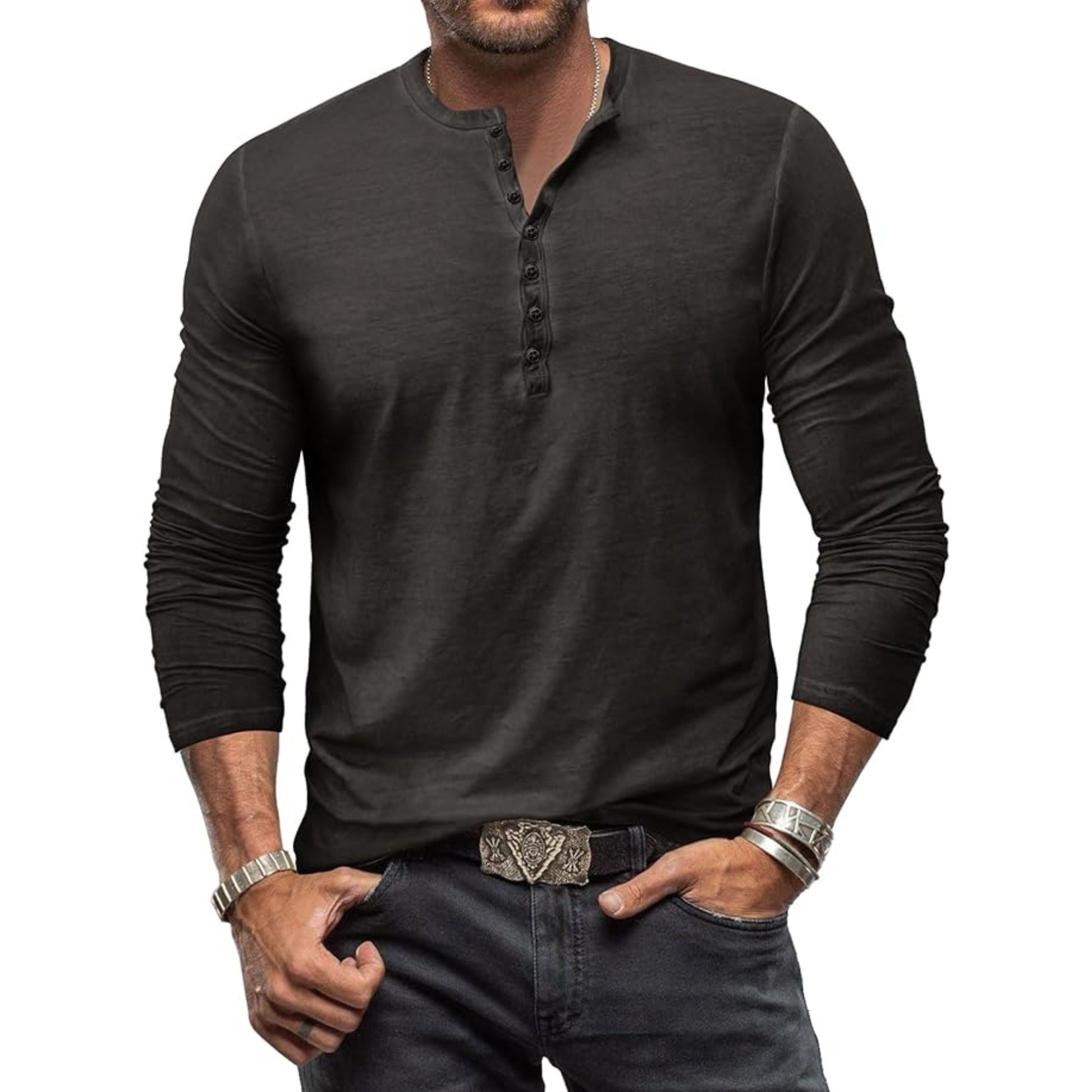 T-shirt met lange mouwen - Casual Effen Overhemd met knoopsluiting voor heren-Hallo Susanne
