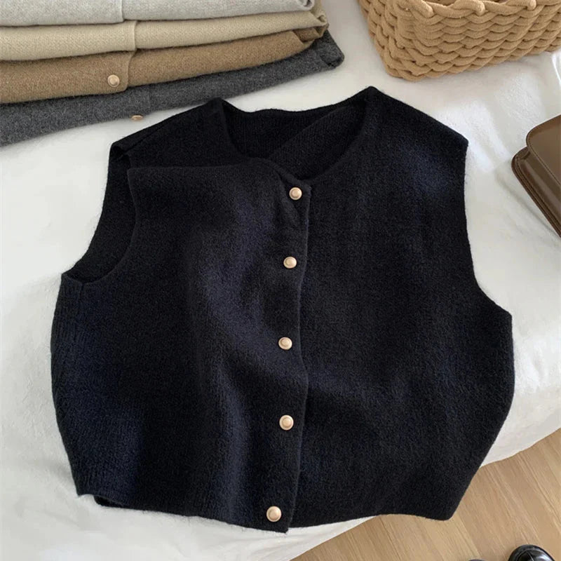 Trui Vest - Mouwloos gebreid damesvest met knoopsluiting-Hallo Susanne
