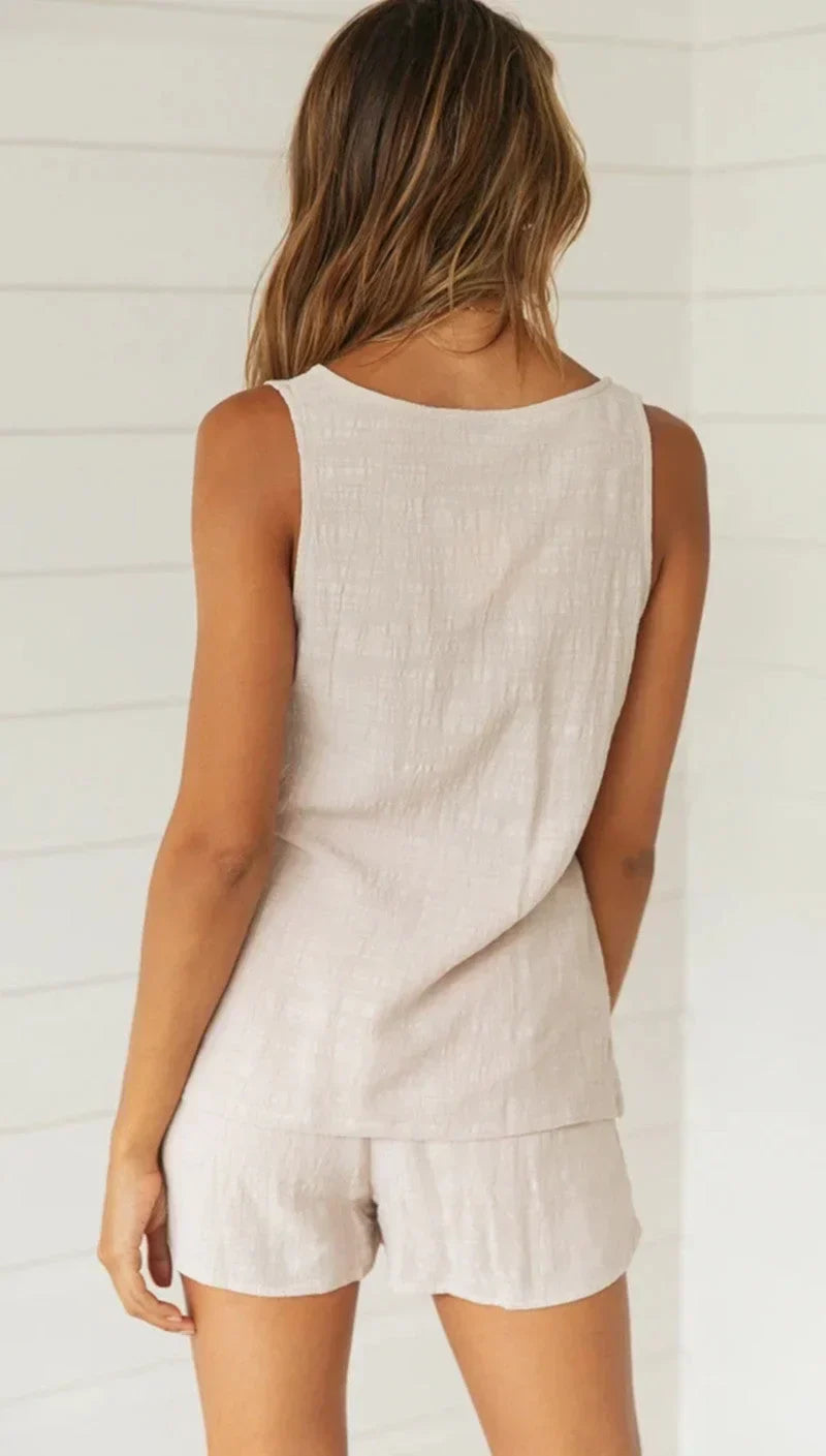 Tweedelige Set | Mouwloos | Zomer | Kort en Top Set | Linnen Co-Ord Set Vrouwen-Hallo Susanne