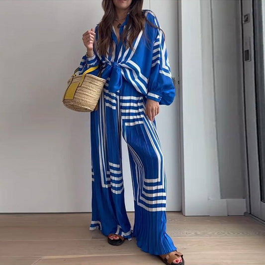 Tweedelige set | Blauw | Lange Mouwen | Broek met Wijde Pijpen en Top | Tweedelige Damesset-Hallo Susanne
