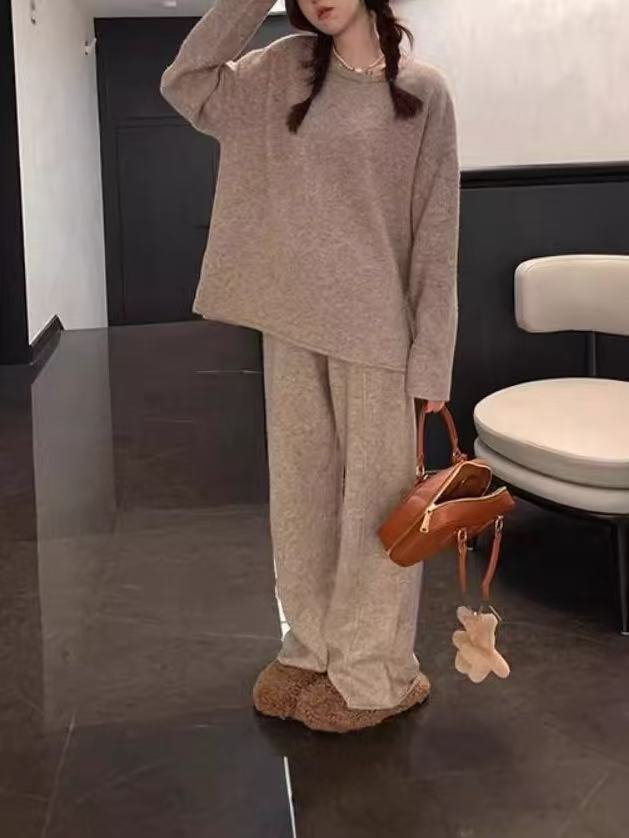 Tweedelige set | Lange Mouwen | Wijde Pijpen | Gebreide Tweedelige Set | Dames Loungewear-Hallo Susanne