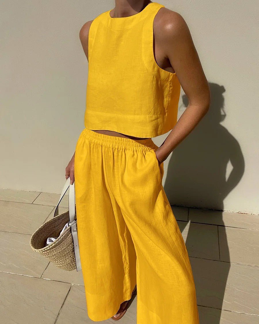 Tweedelige set - Linnen broek met wijde pijpen en top voor dames, perfect voor de zomer-Hallo Susanne