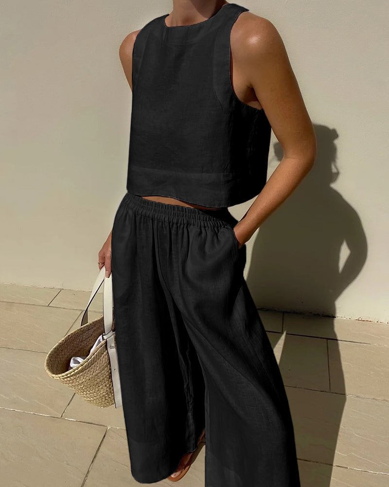 Tweedelige set - Linnen broek met wijde pijpen en top voor dames, perfect voor de zomer-Hallo Susanne