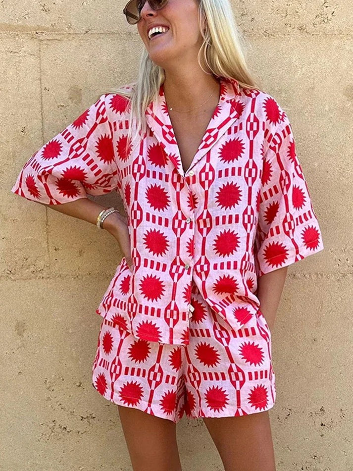Tweedelige set | Zomer | Los model | Korte broek en overhemd | Samengestelde set voor vrouwen-Hallo Susanne